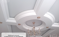 Белый натяжной потолок с люстрой в конструкции из гипсокартона от "Алези"